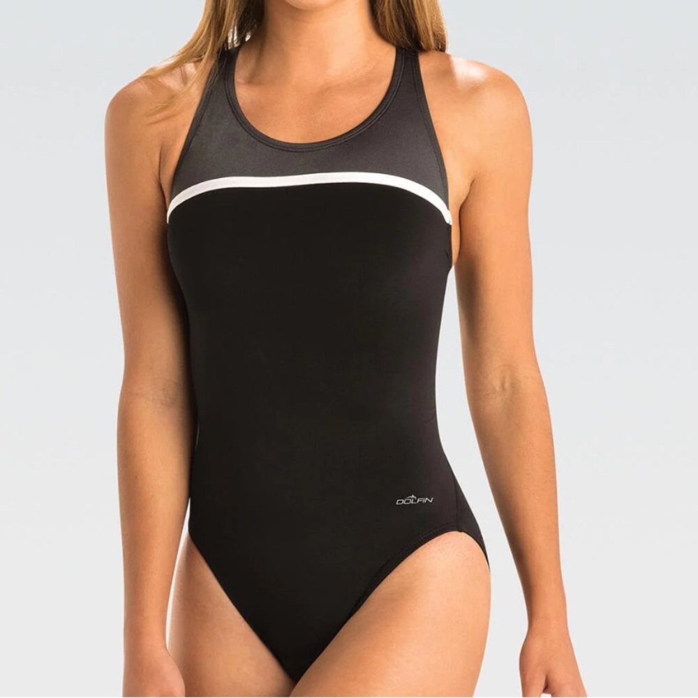 Bathing Suit Basic Panel Black/Gray/White V Back NEW Size 7/8